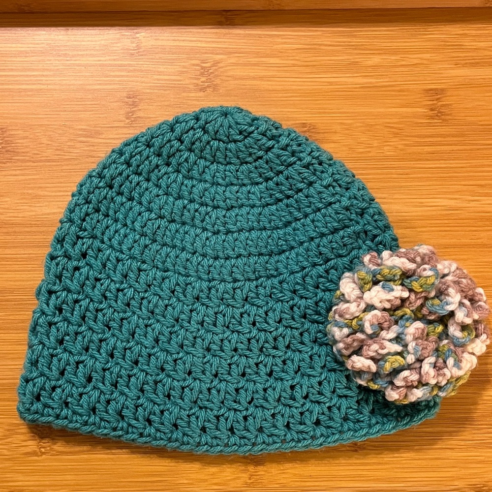 Handcrafted Teal Crochet Hat with Multicolor Flower